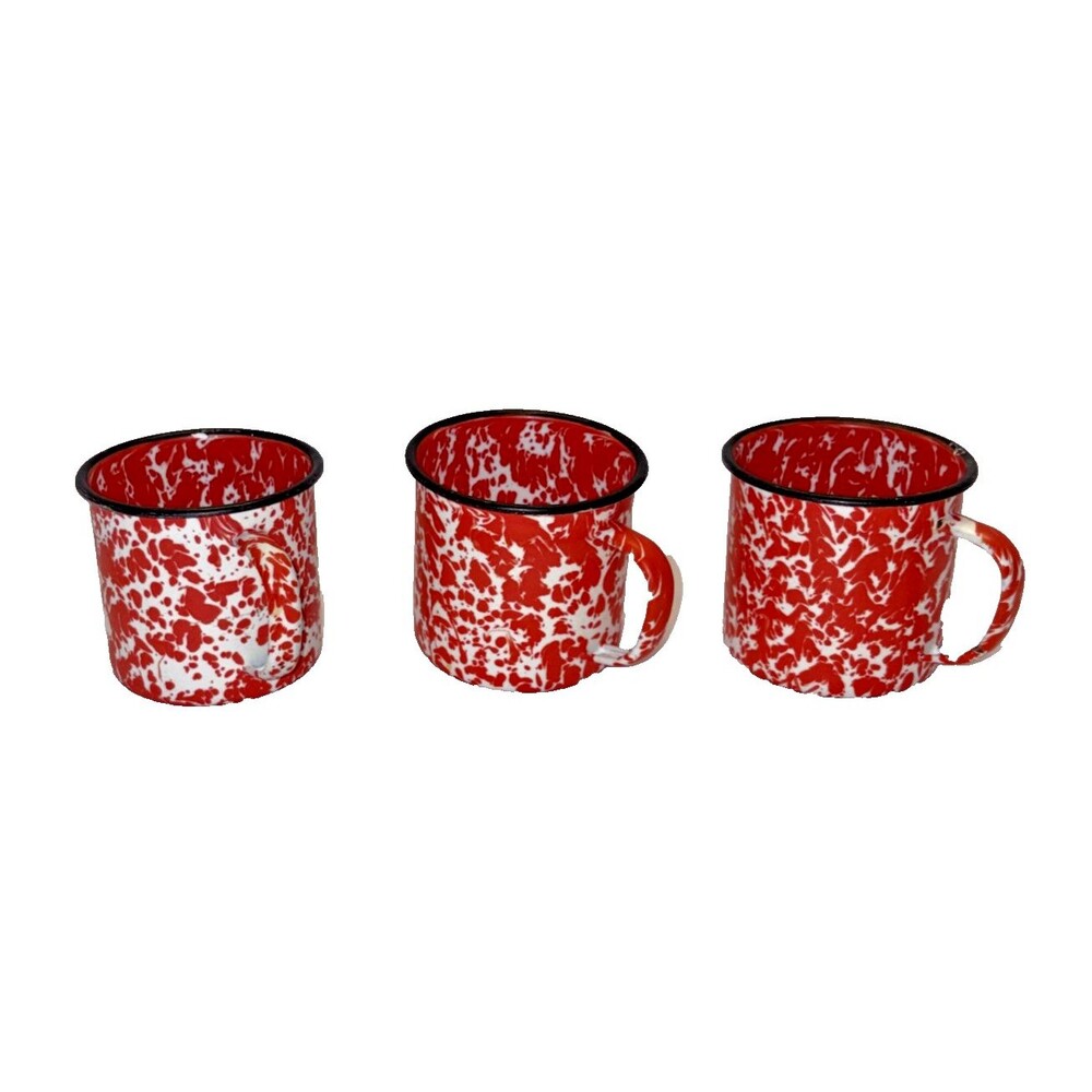 Set of 3 Red & White Splatter Enamelware Mugs 12 oz.